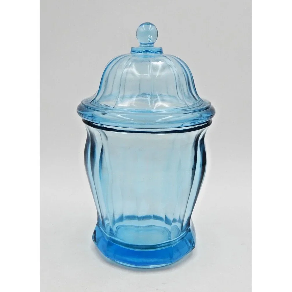 Indiana Glass Azure Blue Paneled Candy Cookie Jar Apothecary Canister w/Lid 9 In
